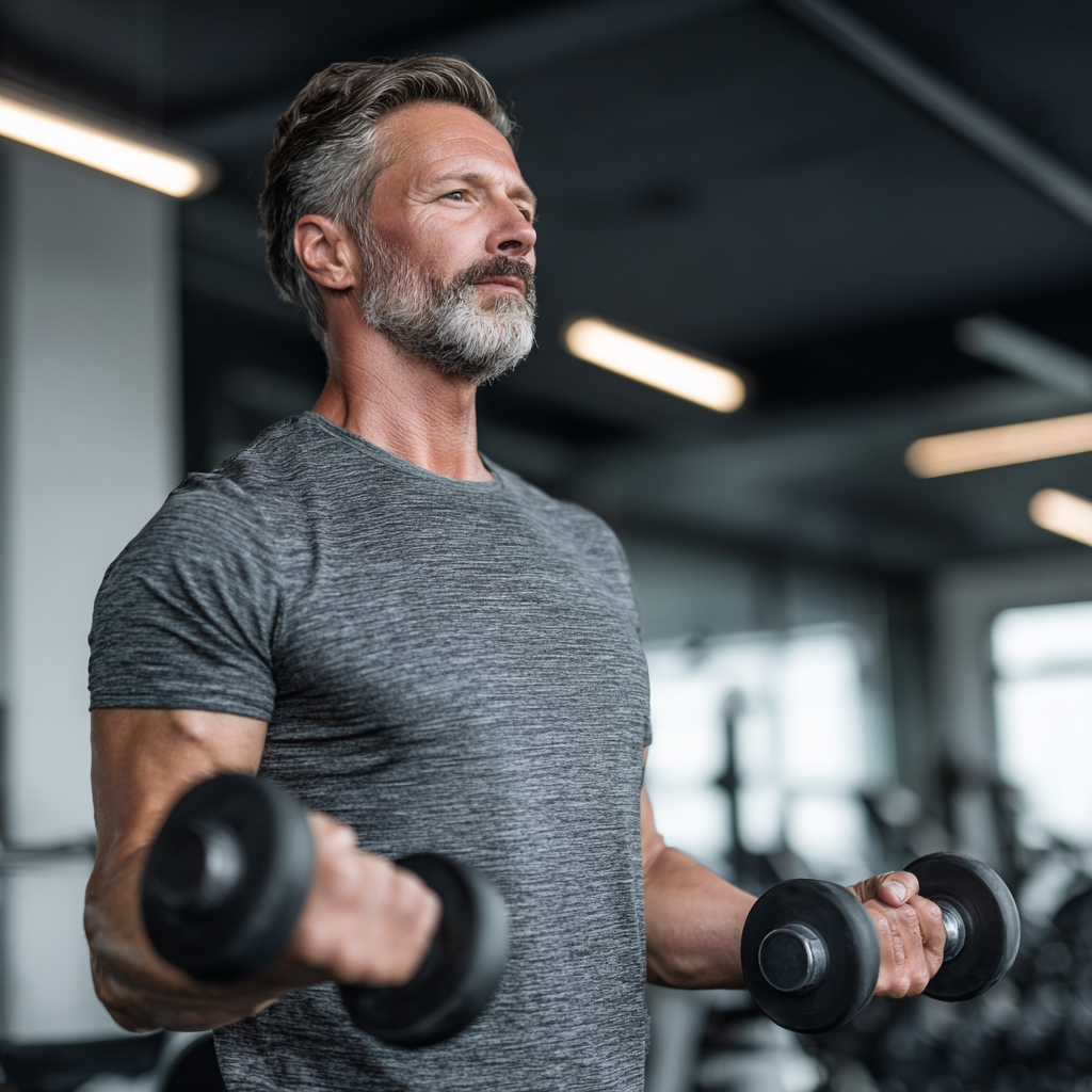Чоловік 55 років виконує функціональні тренування з гантелями в сучасному фітнес-залі