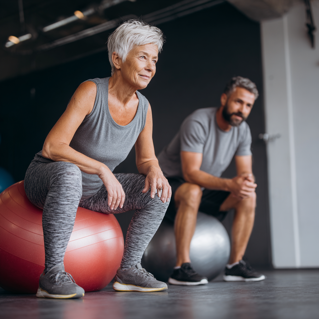 Жінка 58 років займається з персональним тренером, виконуючи вправи з фітболом у сучасному залі