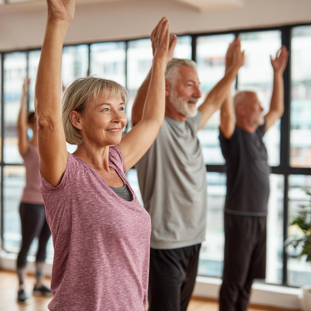 Група людей віком 52-58 років виконує групові вправи в світлому фітнес-залі з великими вікнами